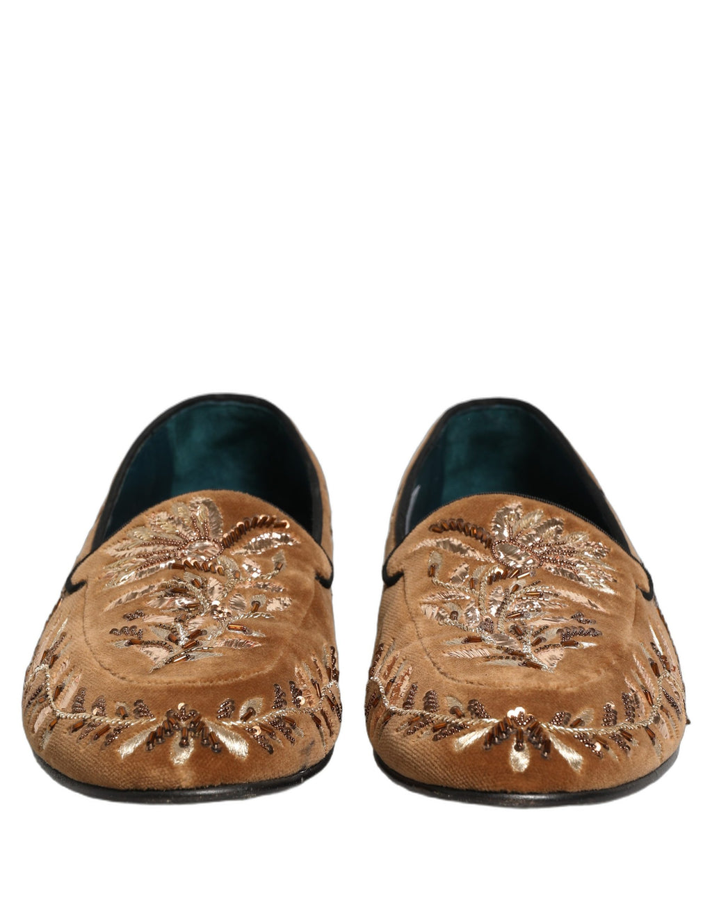 Dolce & Gabbana Brown Velvet Floral Embroidery Loafers Shoes