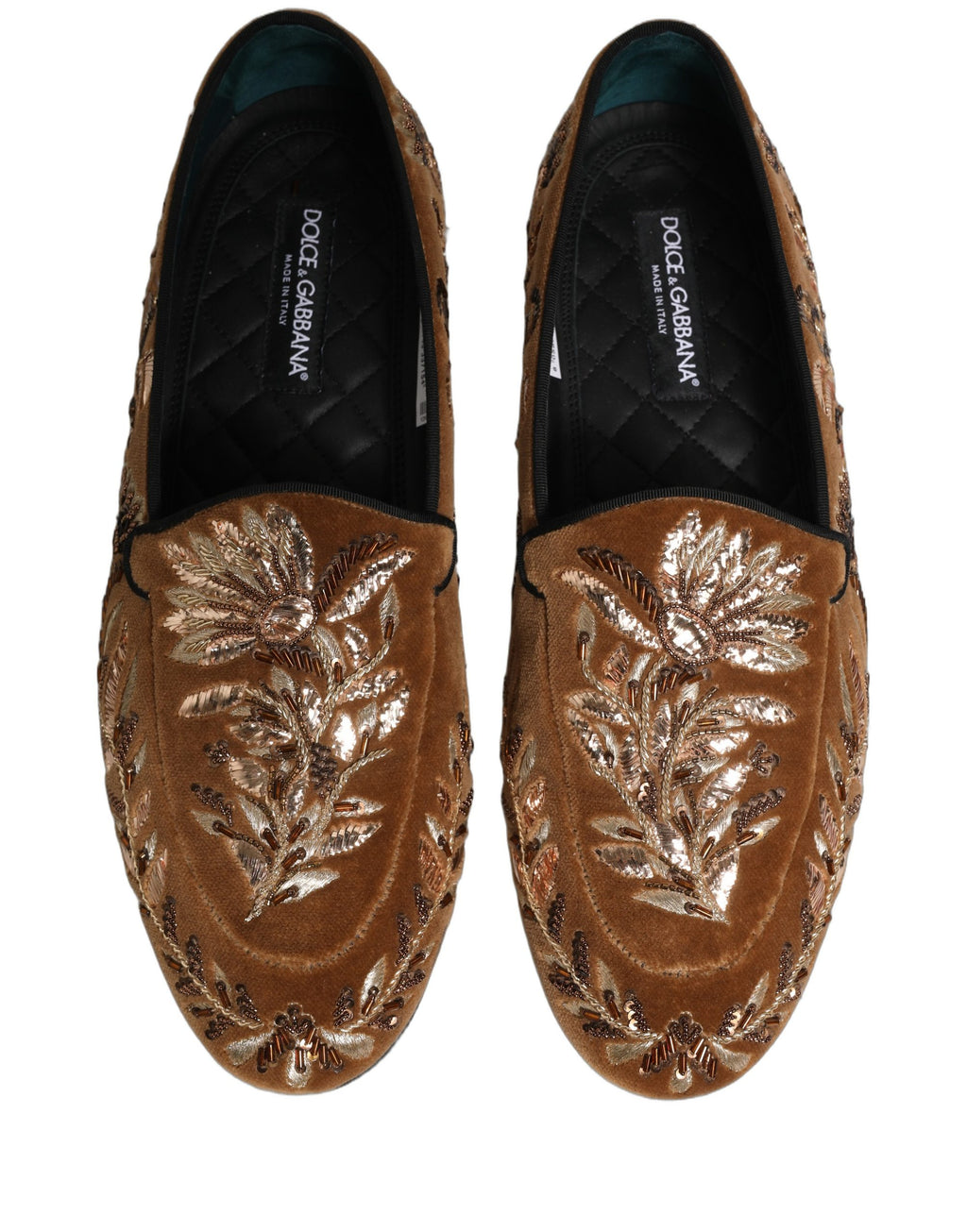 Dolce & Gabbana Brown Velvet Floral Embroidery Loafers Shoes