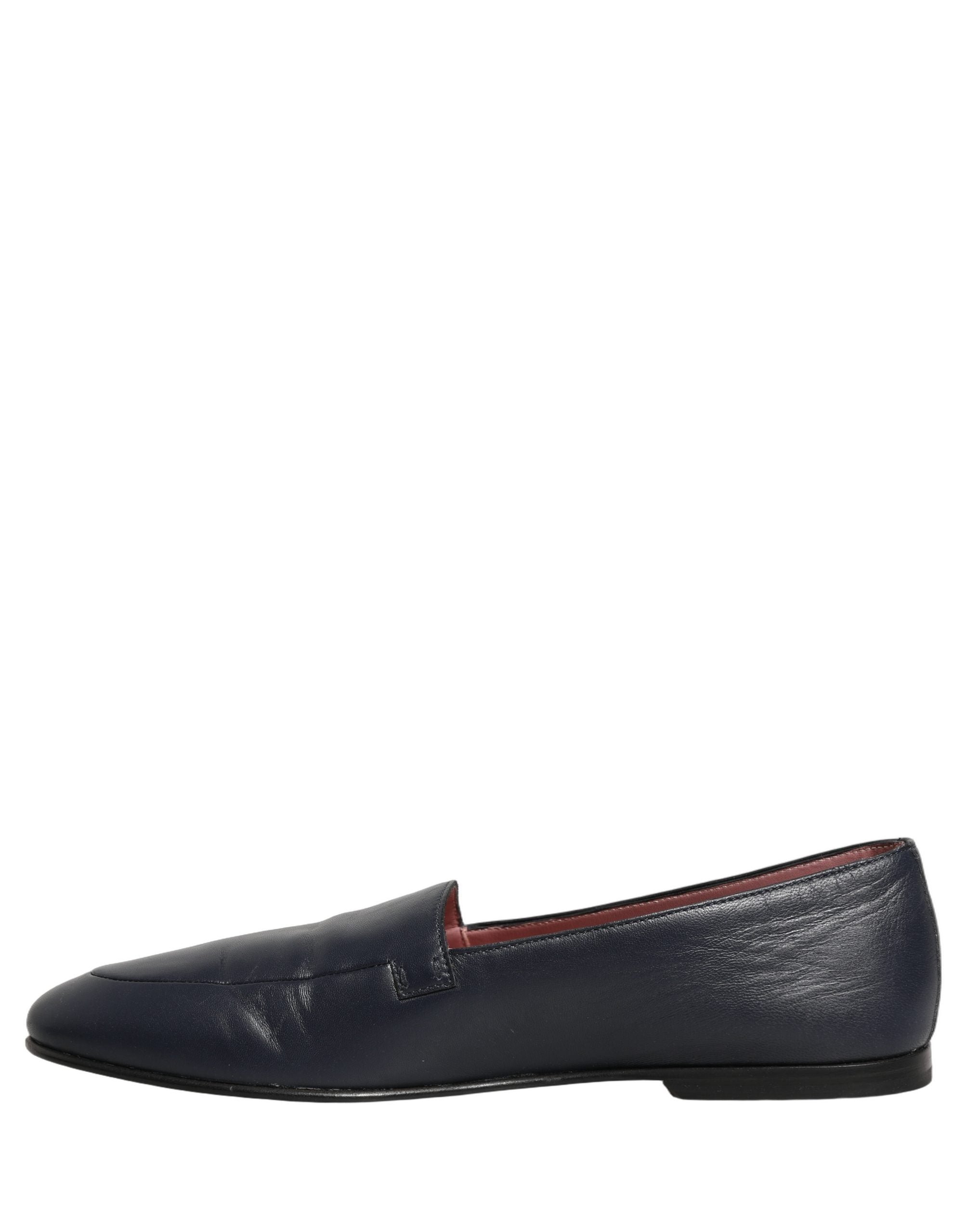 Dolce & Gabbana Navy Blue Leather Logo Slip On Loafers Shoes