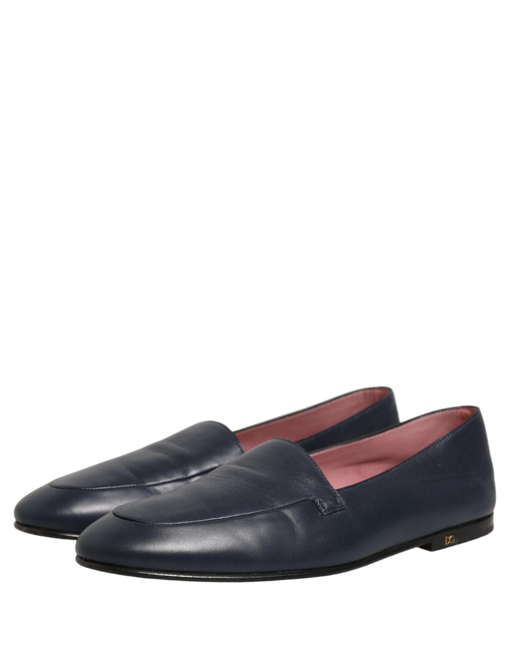 Dolce & Gabbana Navy Blue Leather Logo Slip On Loafers Shoes