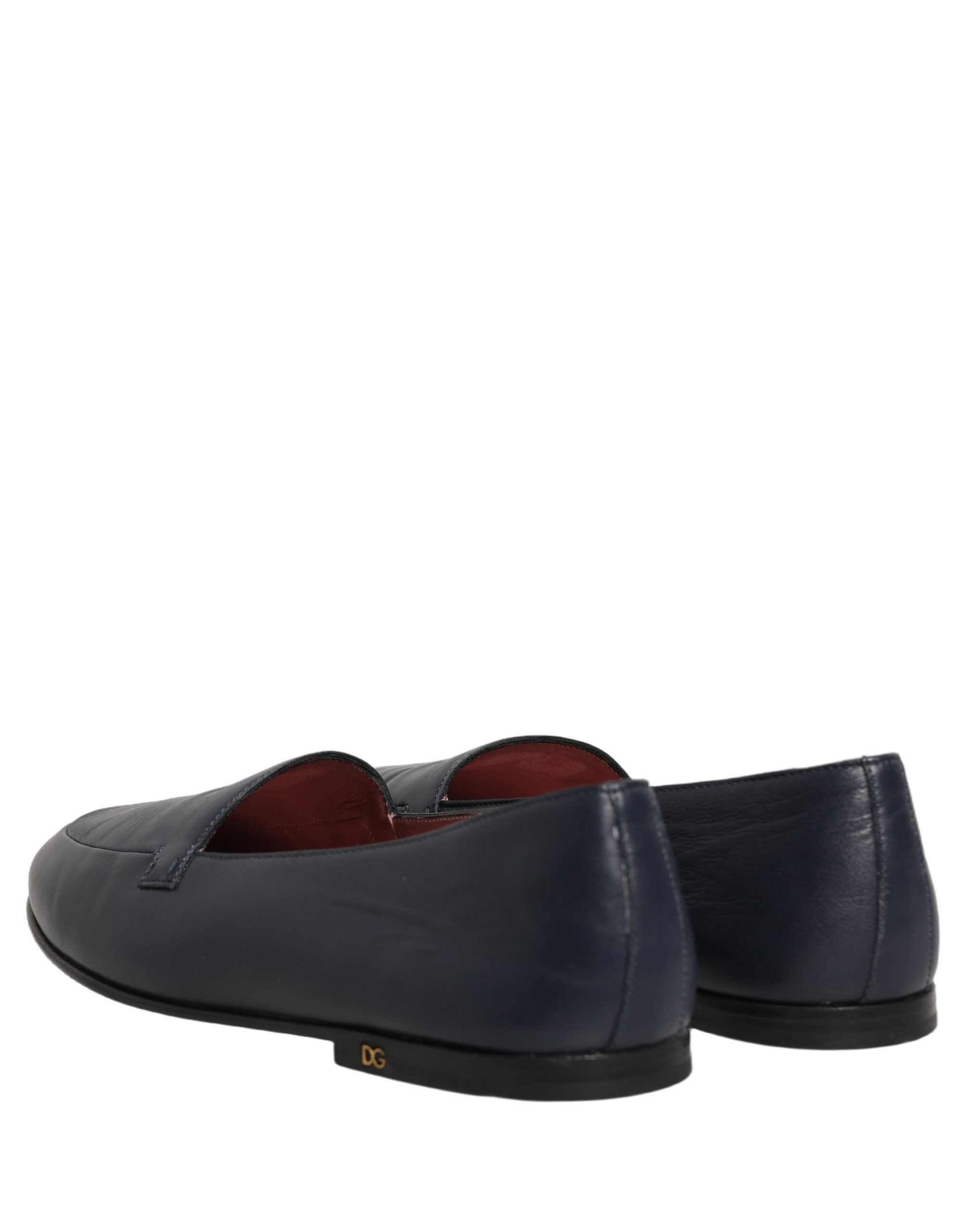 Dolce & Gabbana Navy Blue Leather Logo Slip On Loafers Shoes