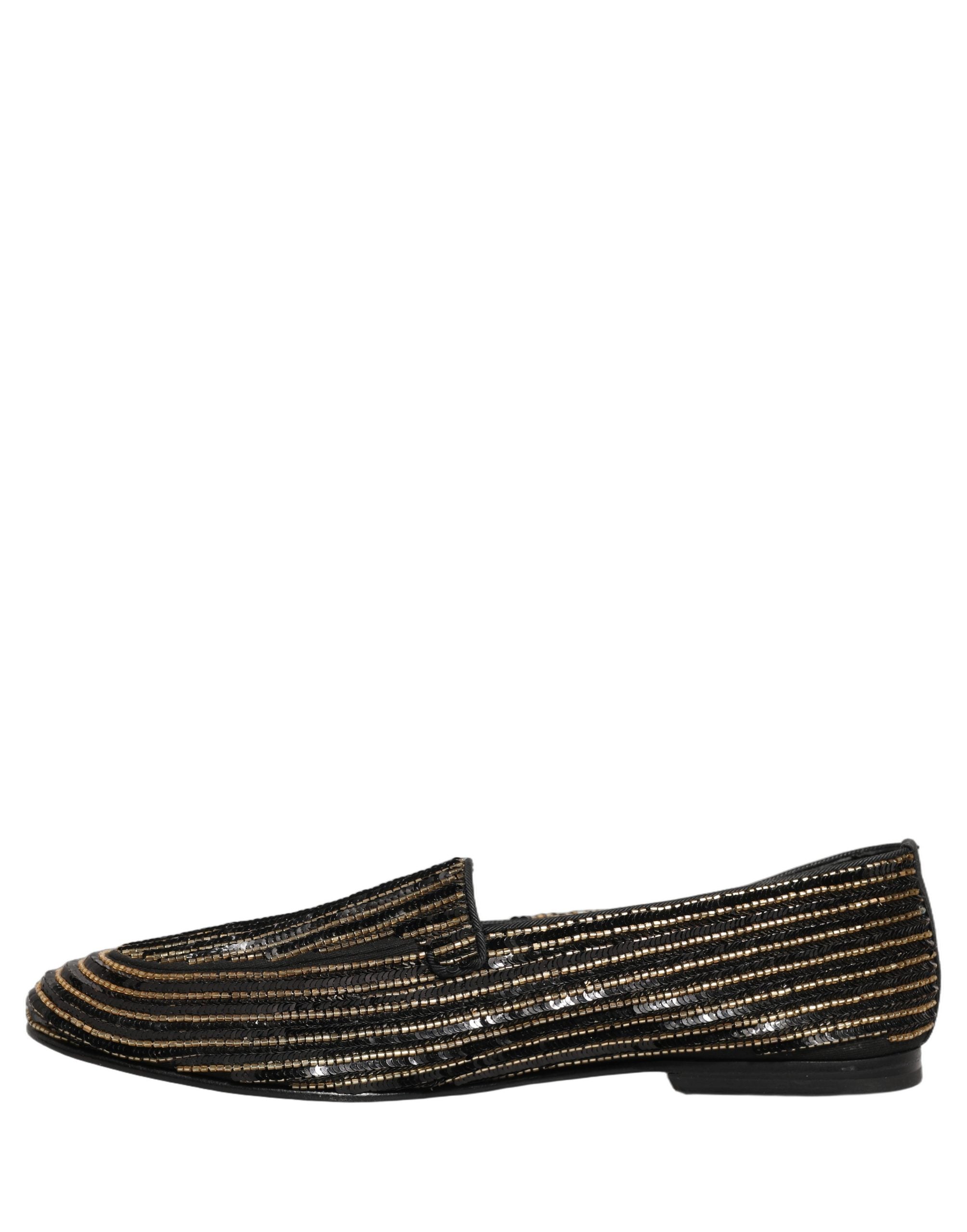 Dolce & Gabbana Black Gold Sequined Men Dress Loafers Shoes