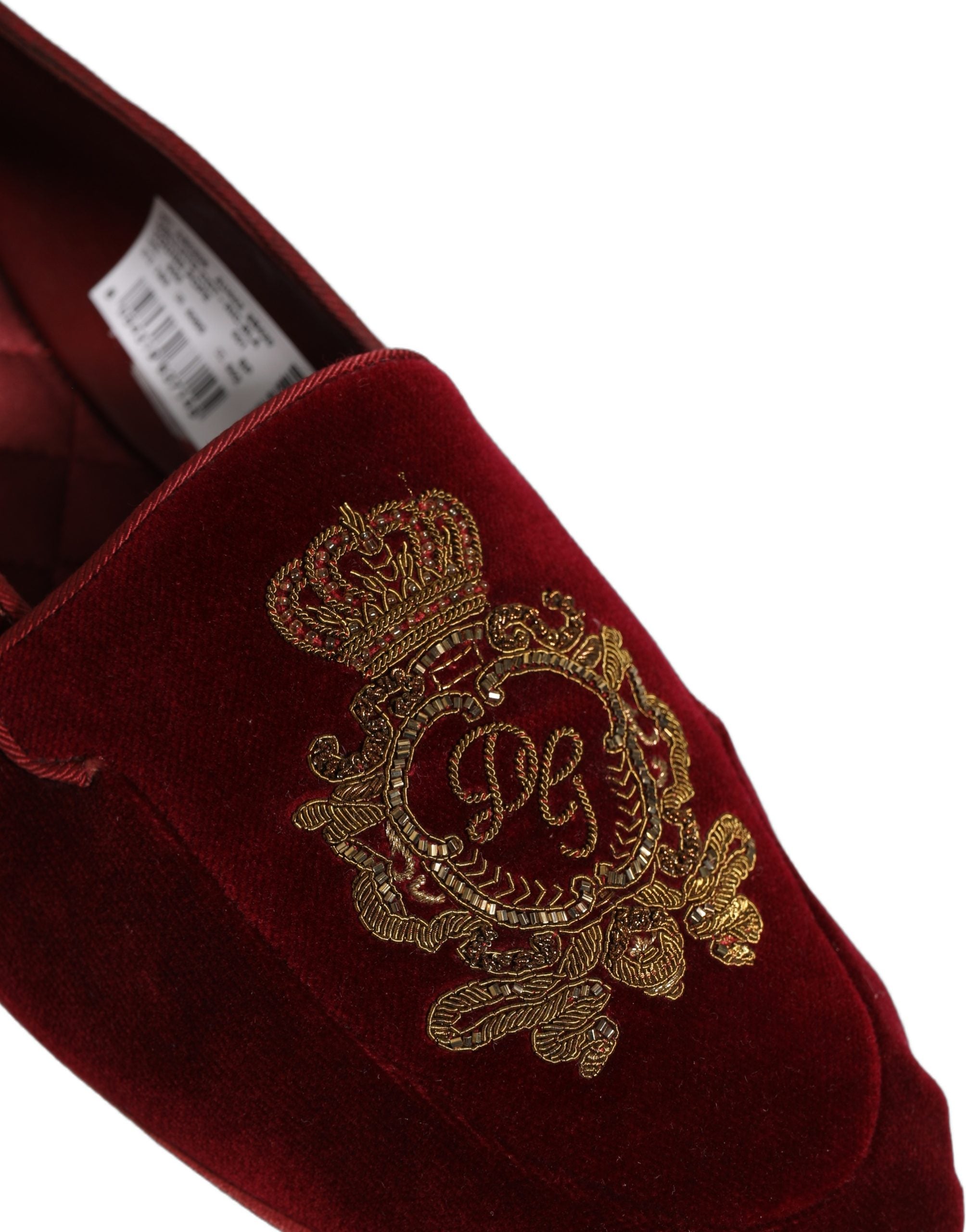 Dolce & Gabbana Maroon Velvet Crown Embroidery Loafers Shoes