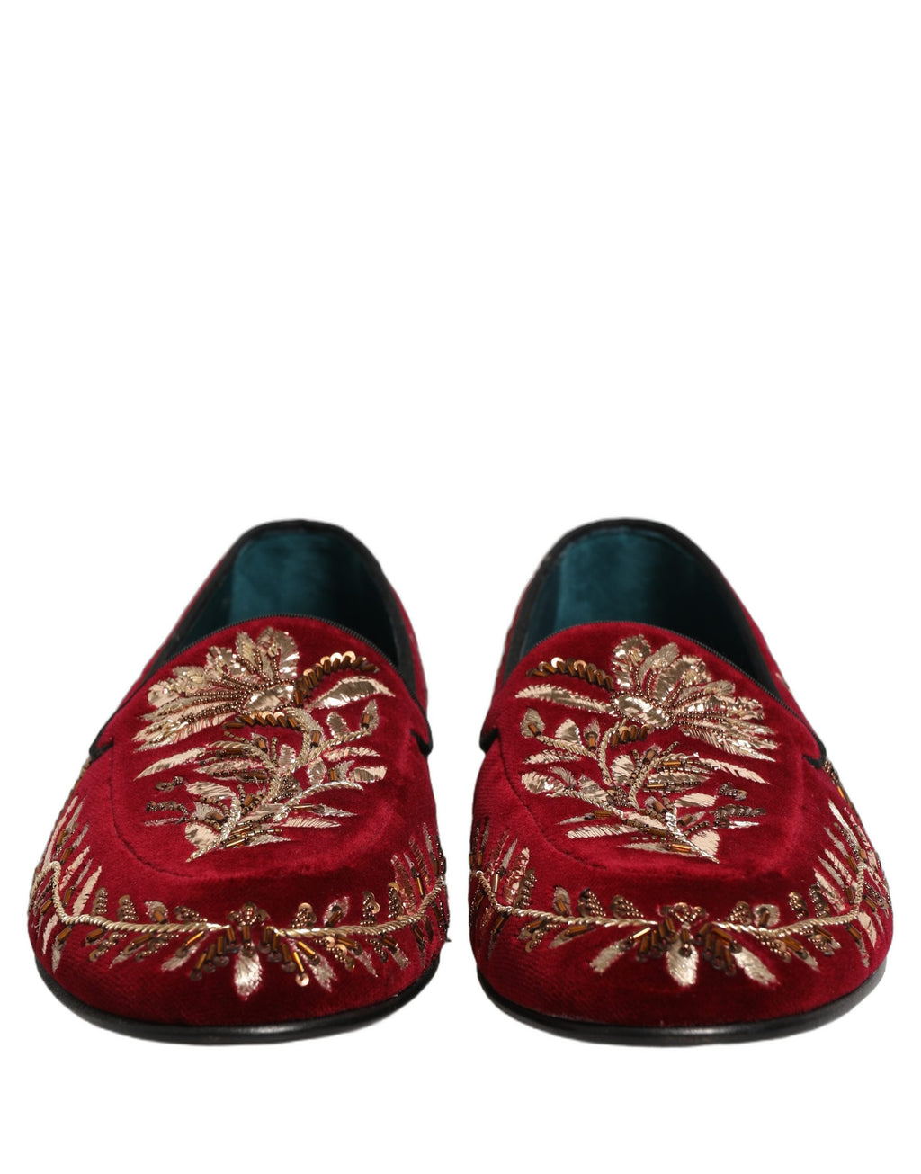Dolce & Gabbana Red Velvet Floral Embroidery Loafers Shoes