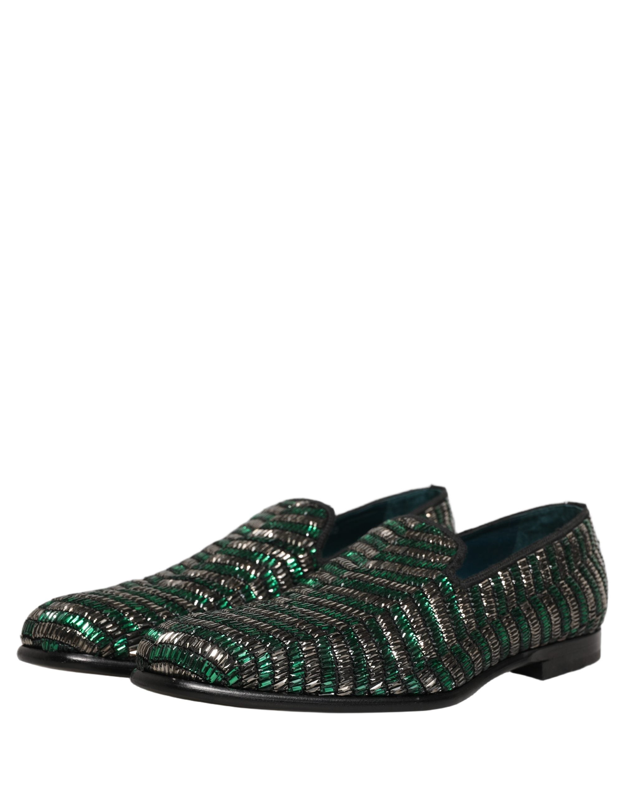 Dolce & Gabbana Silver Green Embellished Dress Loafers Shoes