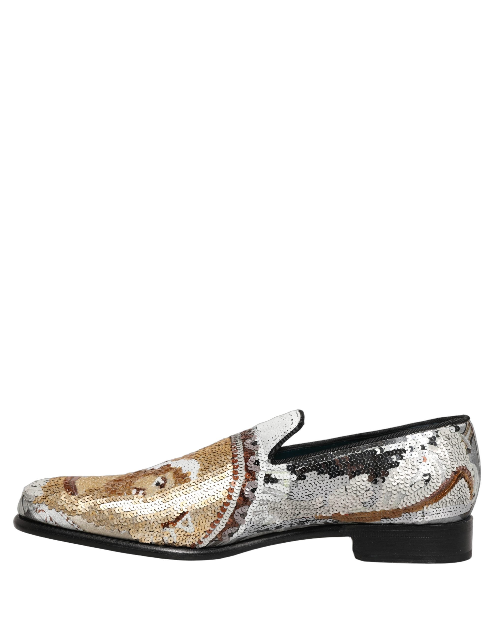Dolce & Gabbana White Gold Sequined Slip On Loafers Shoes