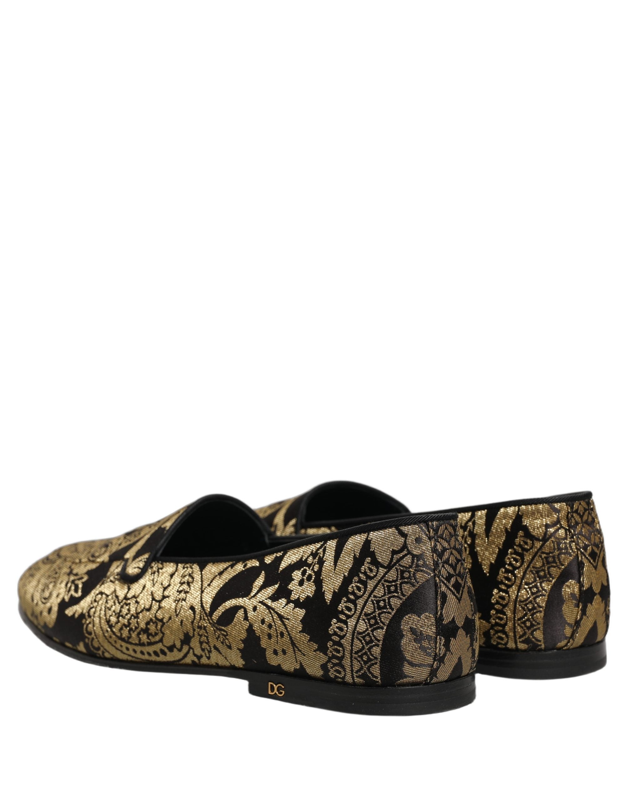 Dolce & Gabbana Gold Jacquard Leather Slip On Loafers Shoes