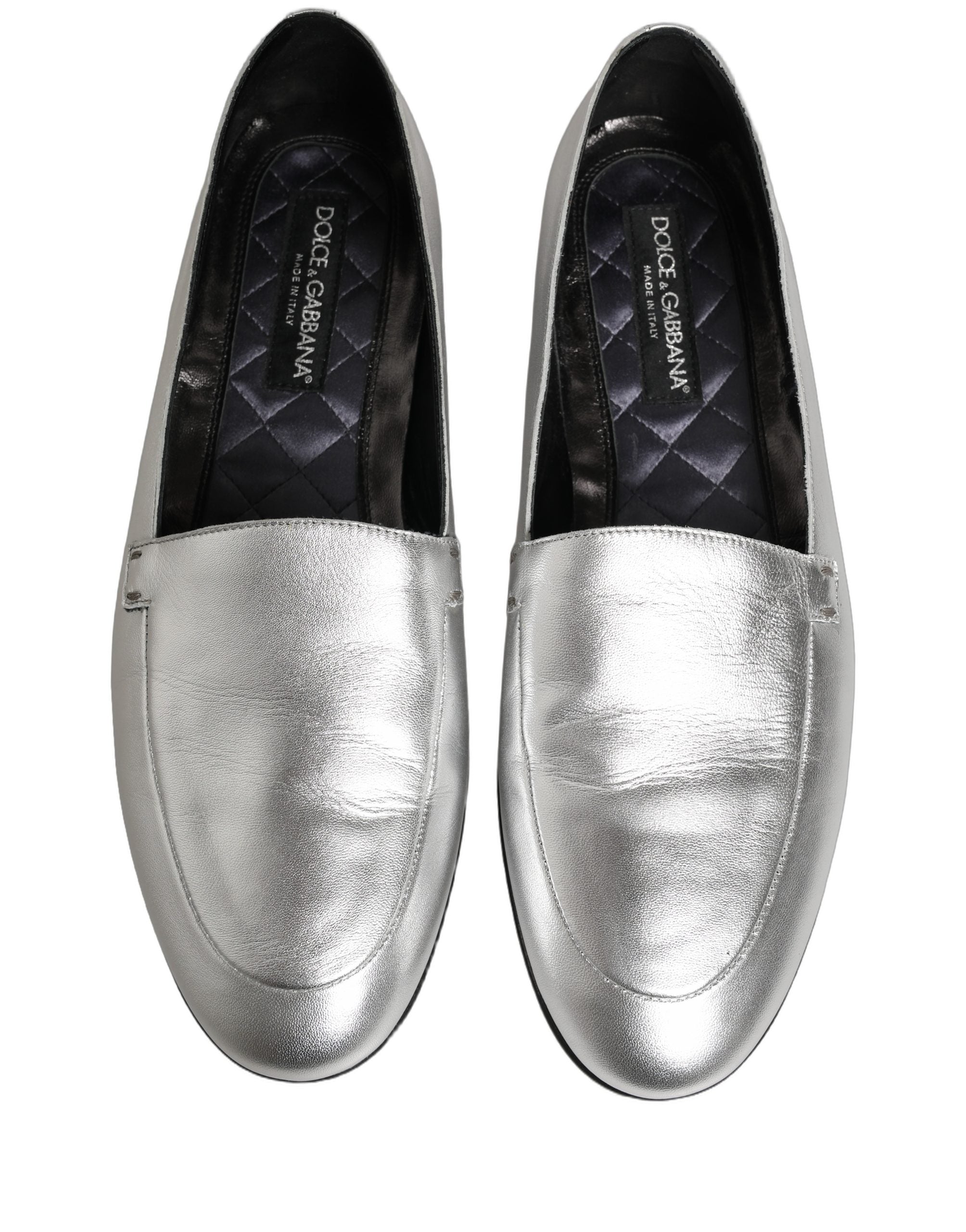 Dolce & Gabbana Silver Leather DG Logo Slip On Loafers Shoes