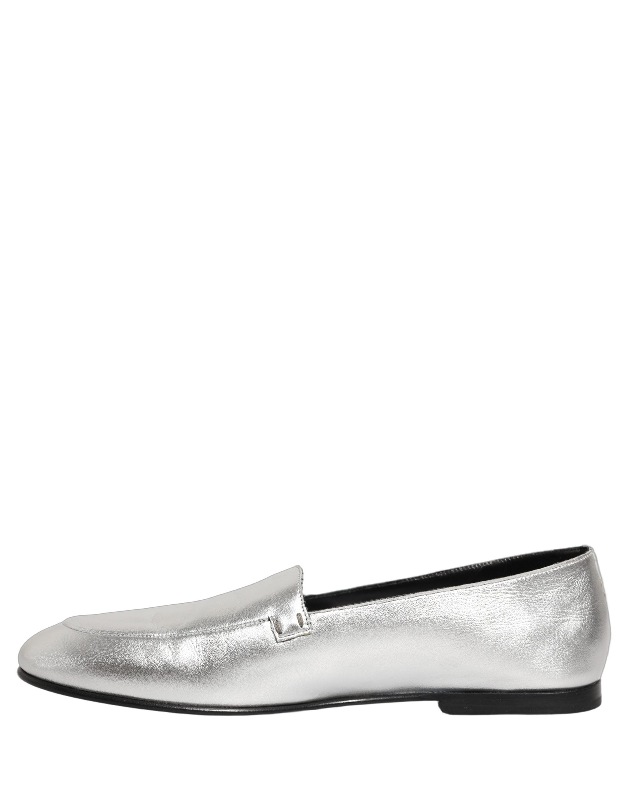 Dolce & Gabbana Silver Leather DG Logo Slip On Loafers Shoes
