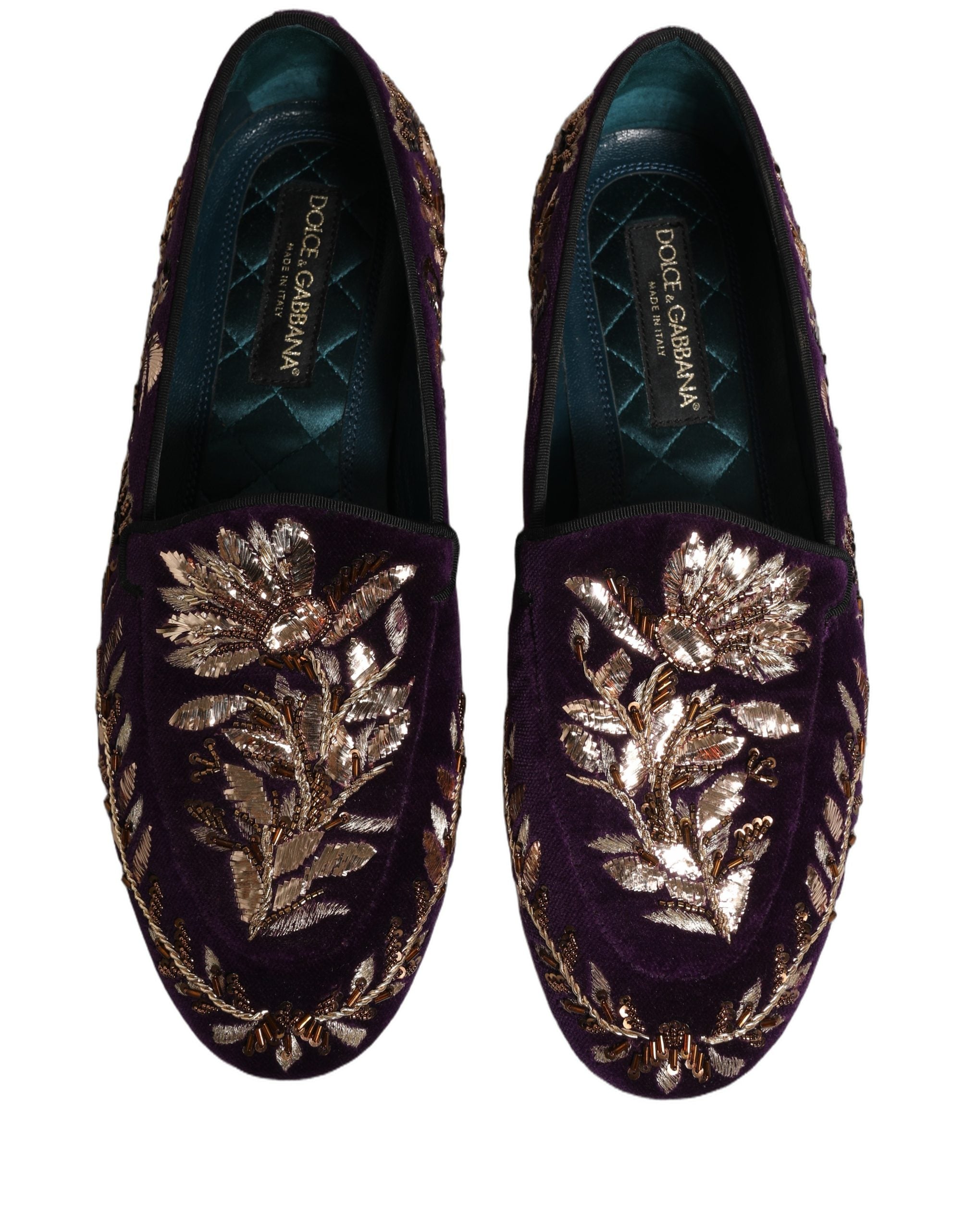 Dolce & Gabbana Violet Velvet Floral Embroidery Loafers Shoes