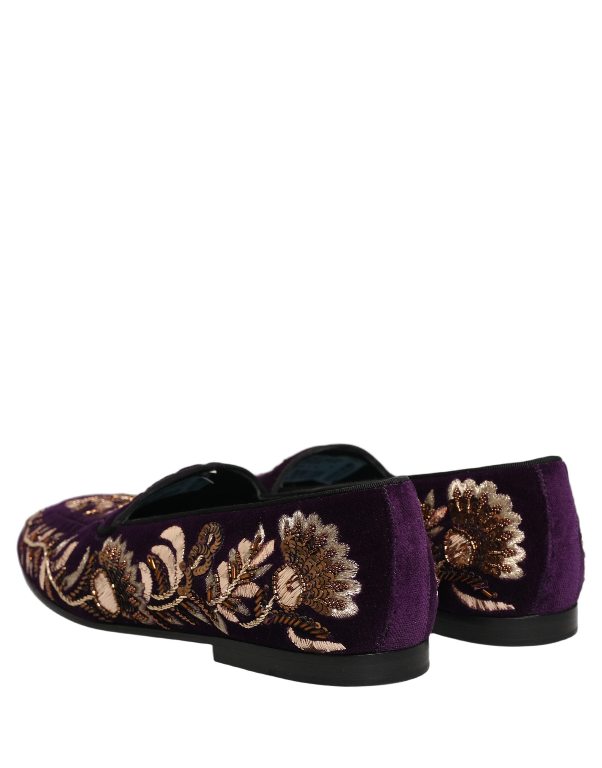 Dolce & Gabbana Violet Velvet Floral Embroidery Loafers Shoes