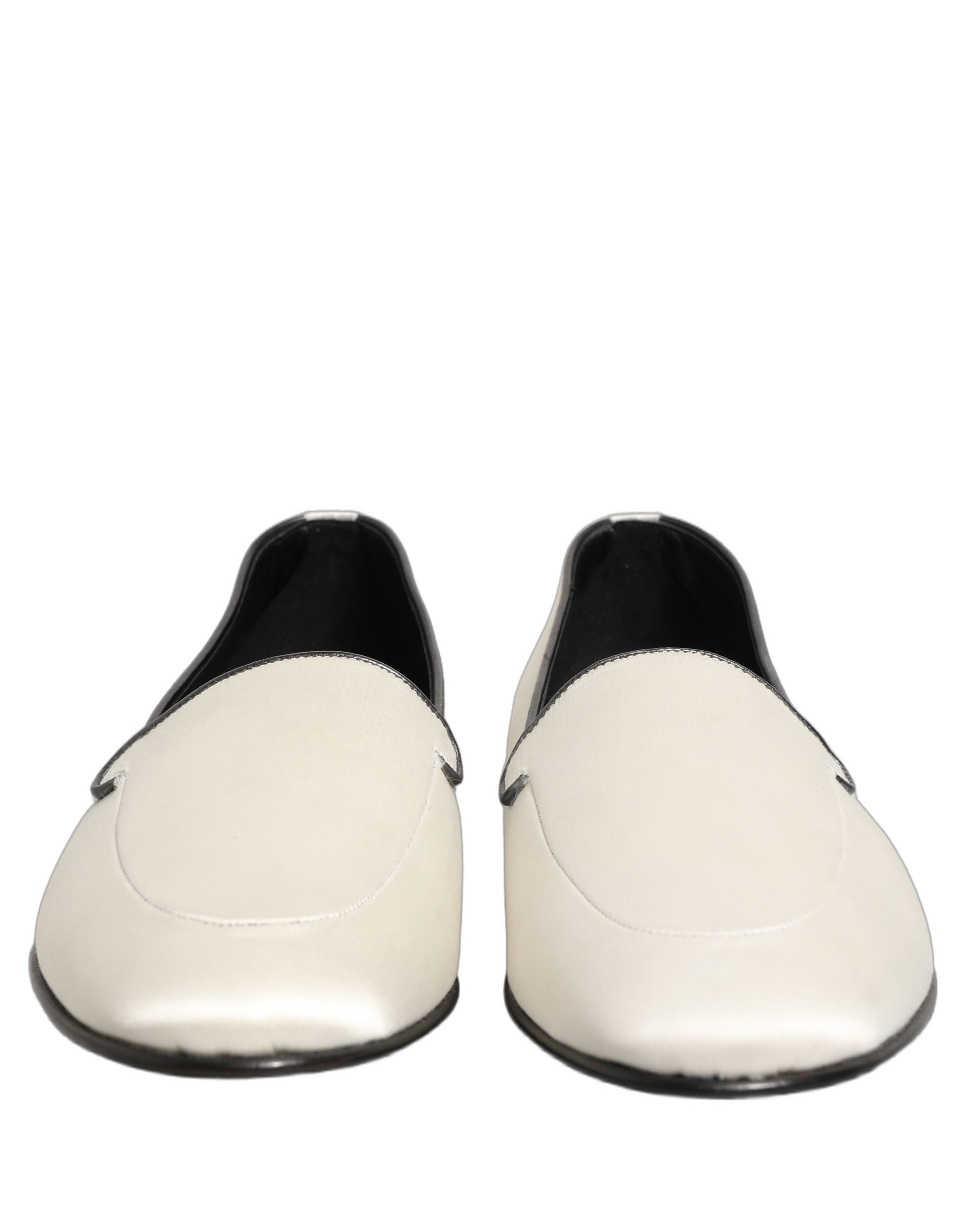 Dolce & Gabbana White Satin Logo Slip On Flats Loafers Shoes