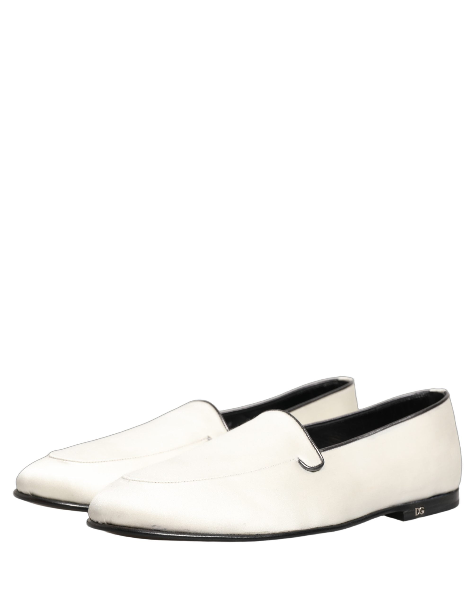 Dolce & Gabbana White Satin Logo Slip On Flats Loafers Shoes
