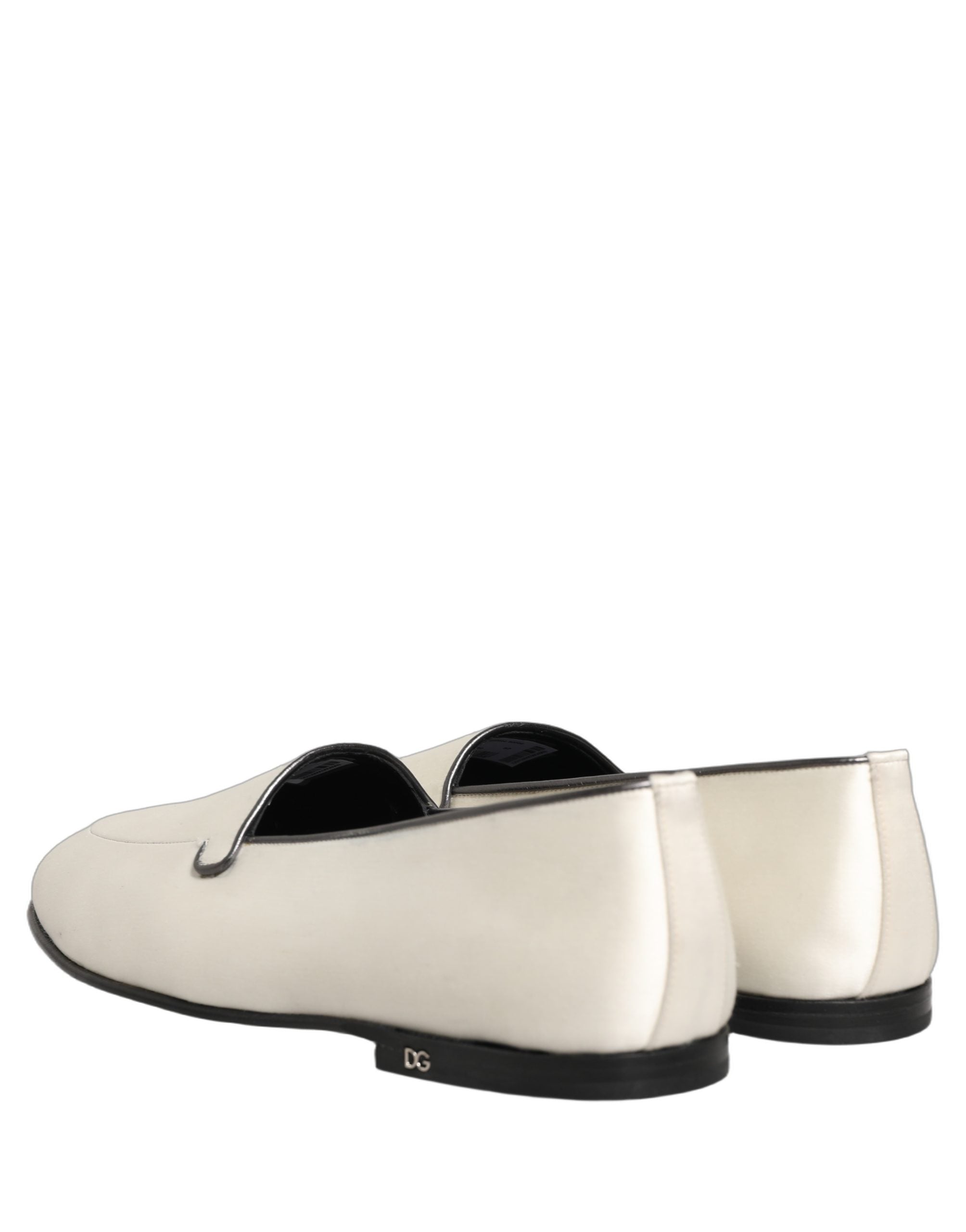 Dolce & Gabbana White Satin Logo Slip On Flats Loafers Shoes