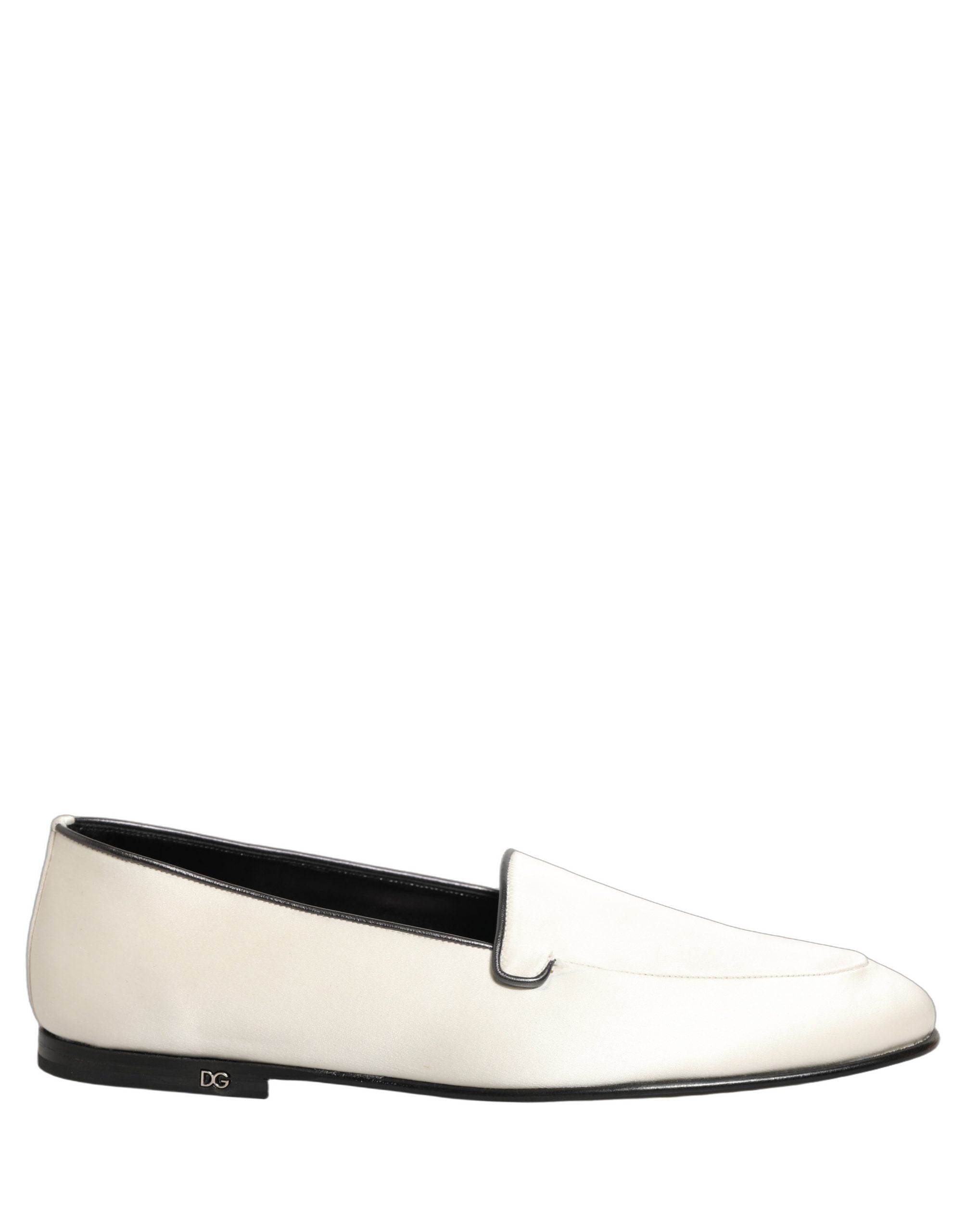 Dolce & Gabbana White Satin Logo Slip On Flats Loafers Shoes
