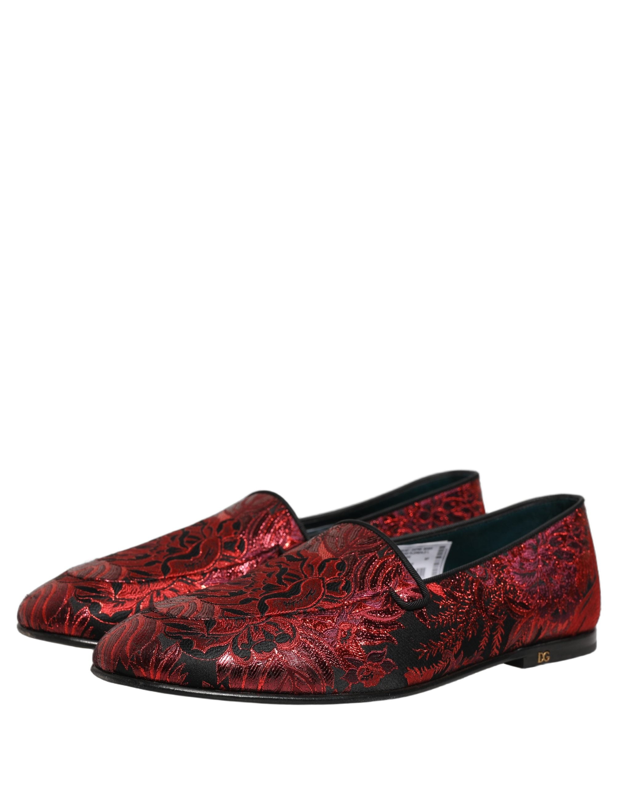 Dolce & Gabbana Red Floral Jacquard Slip On Loafers Shoes