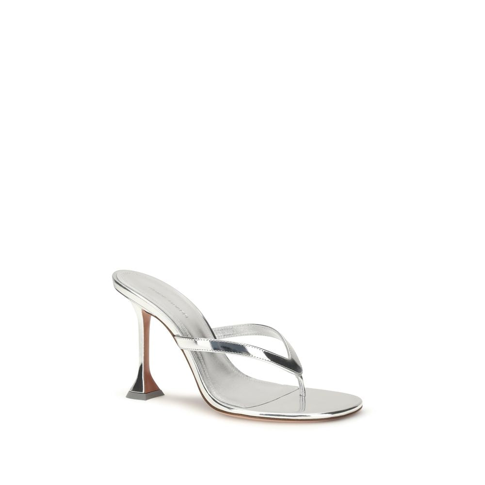 Amina Muaddi Silver Calf Leather Bos Taurus Stiletto Heel Sandals