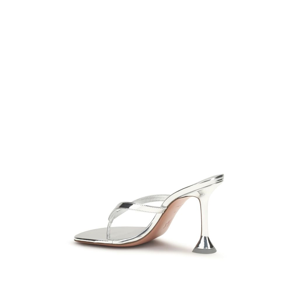 Amina Muaddi Silver Calf Leather Bos Taurus Stiletto Heel Sandals