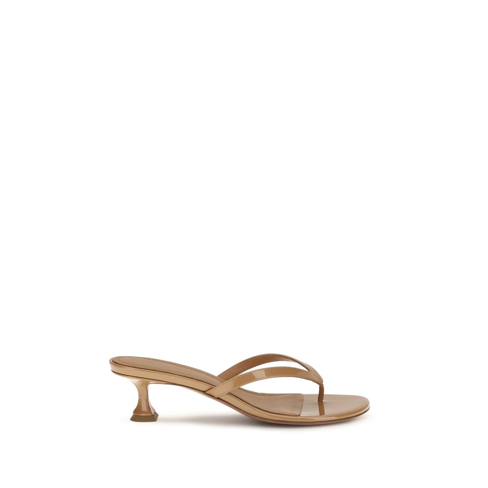 Amina Muaddi Beige Calf Leather Bos Taurus Flat Sandals