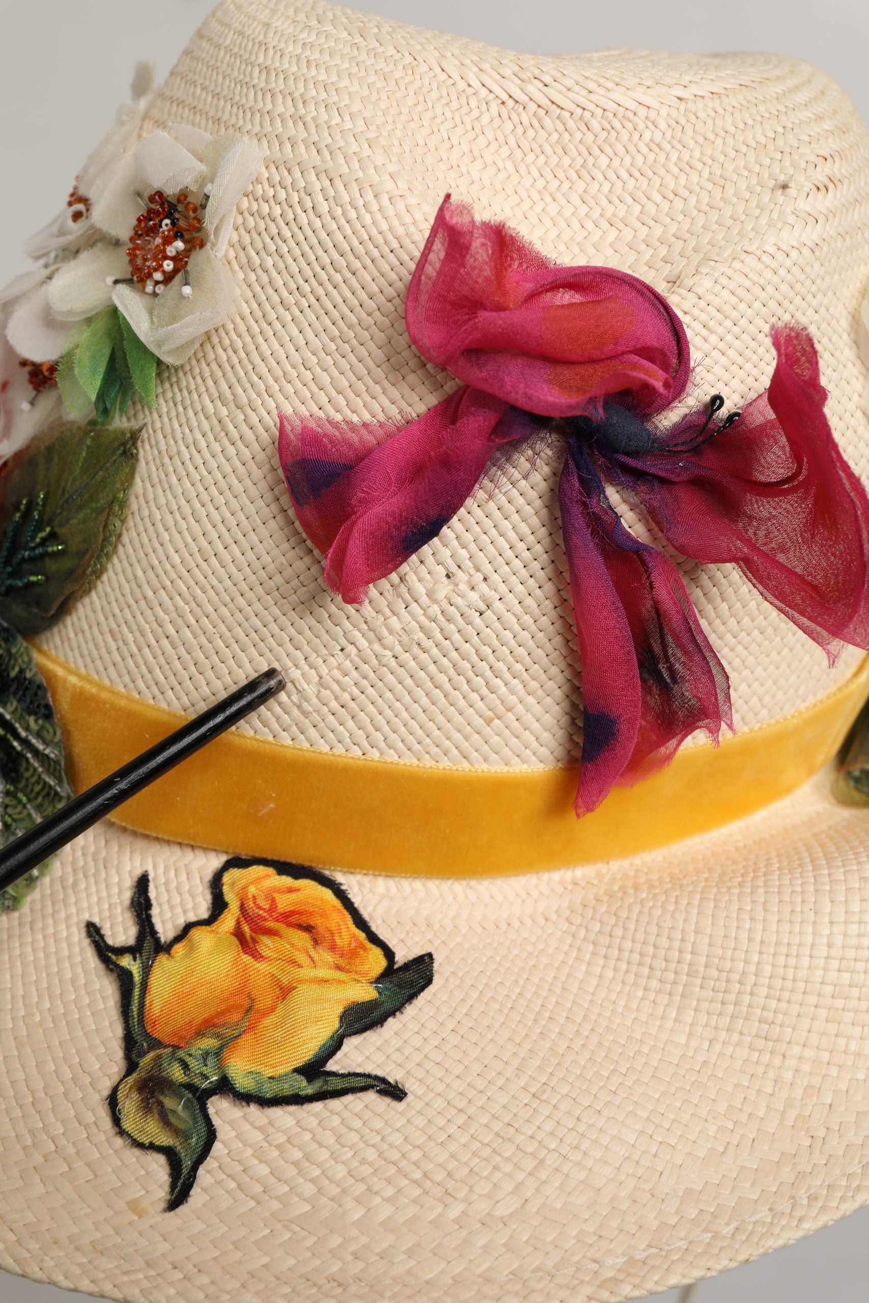 Dolce & Gabbana Women Beige Floral Apllique Straw Bucket Hat