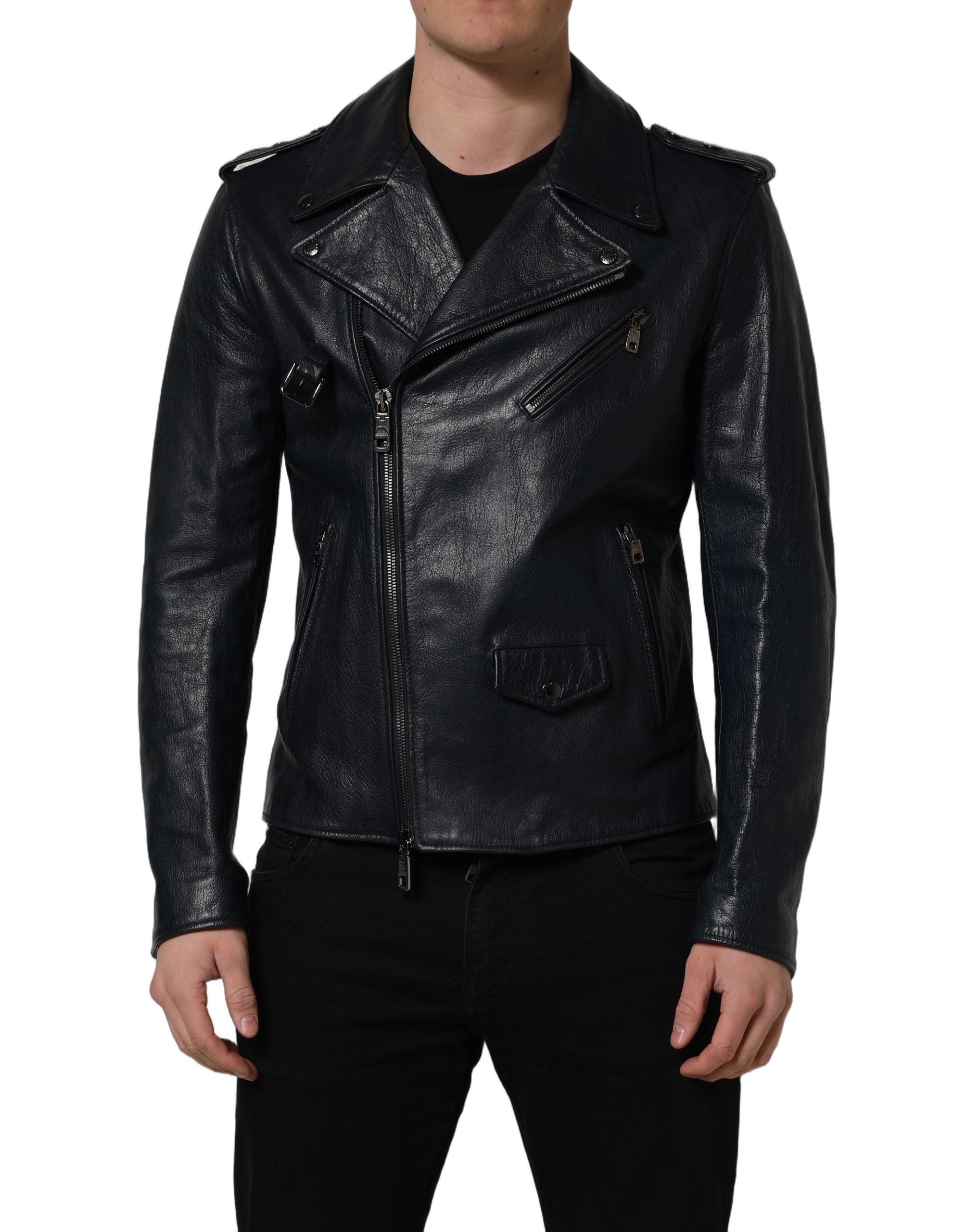 Dolce & Gabbana Black Leather Men Biker Coat Goatskin Jacket