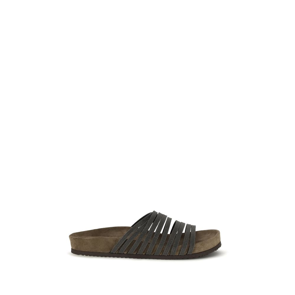 Brunello Cucinelli Black Calf Leather Bos Taurus Flat Sandals