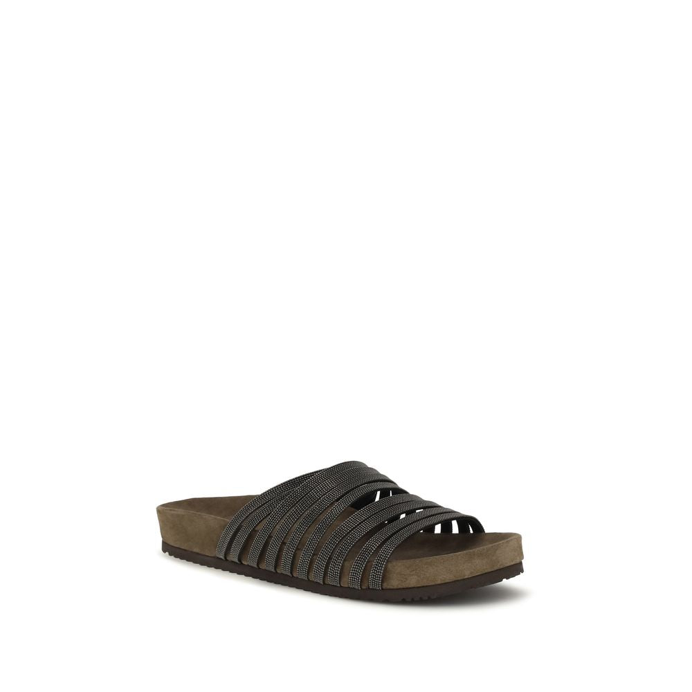 Brunello Cucinelli Black Calf Leather Bos Taurus Flat Sandals