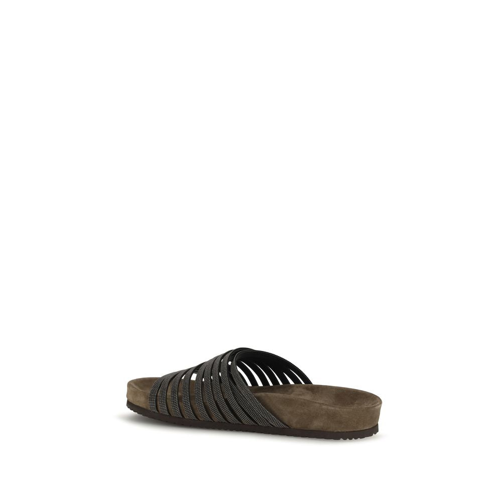 Brunello Cucinelli Black Calf Leather Bos Taurus Flat Sandals