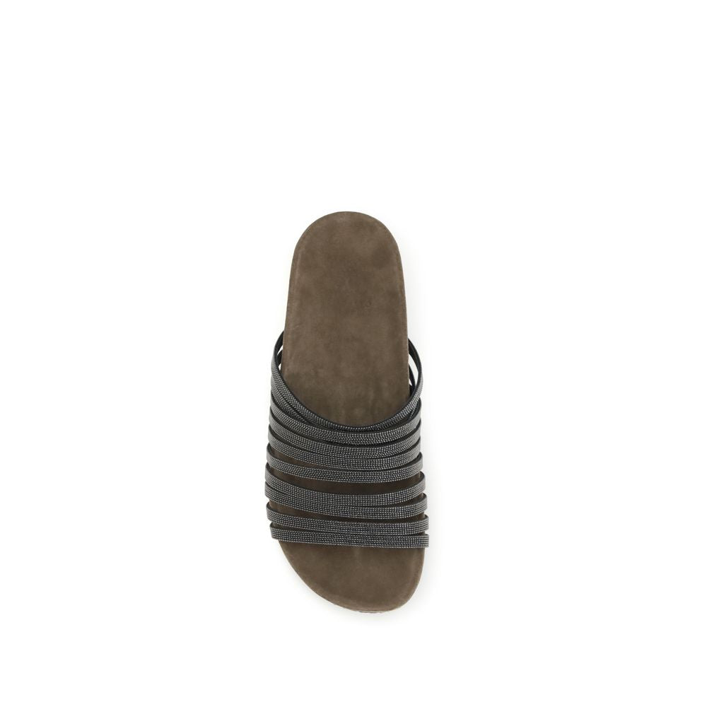 Brunello Cucinelli Black Calf Leather Bos Taurus Flat Sandals