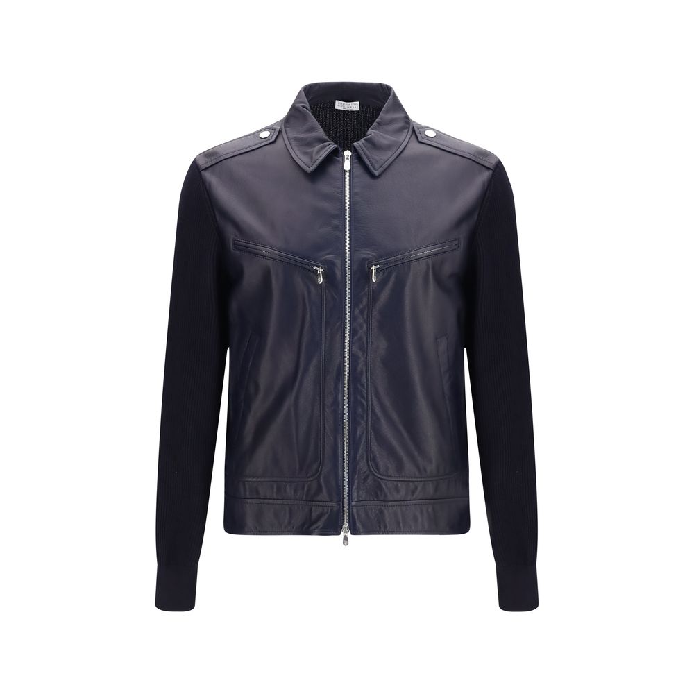 Brunello Cucinelli Blue Calf Leather Bos Taurus Leather Jacket