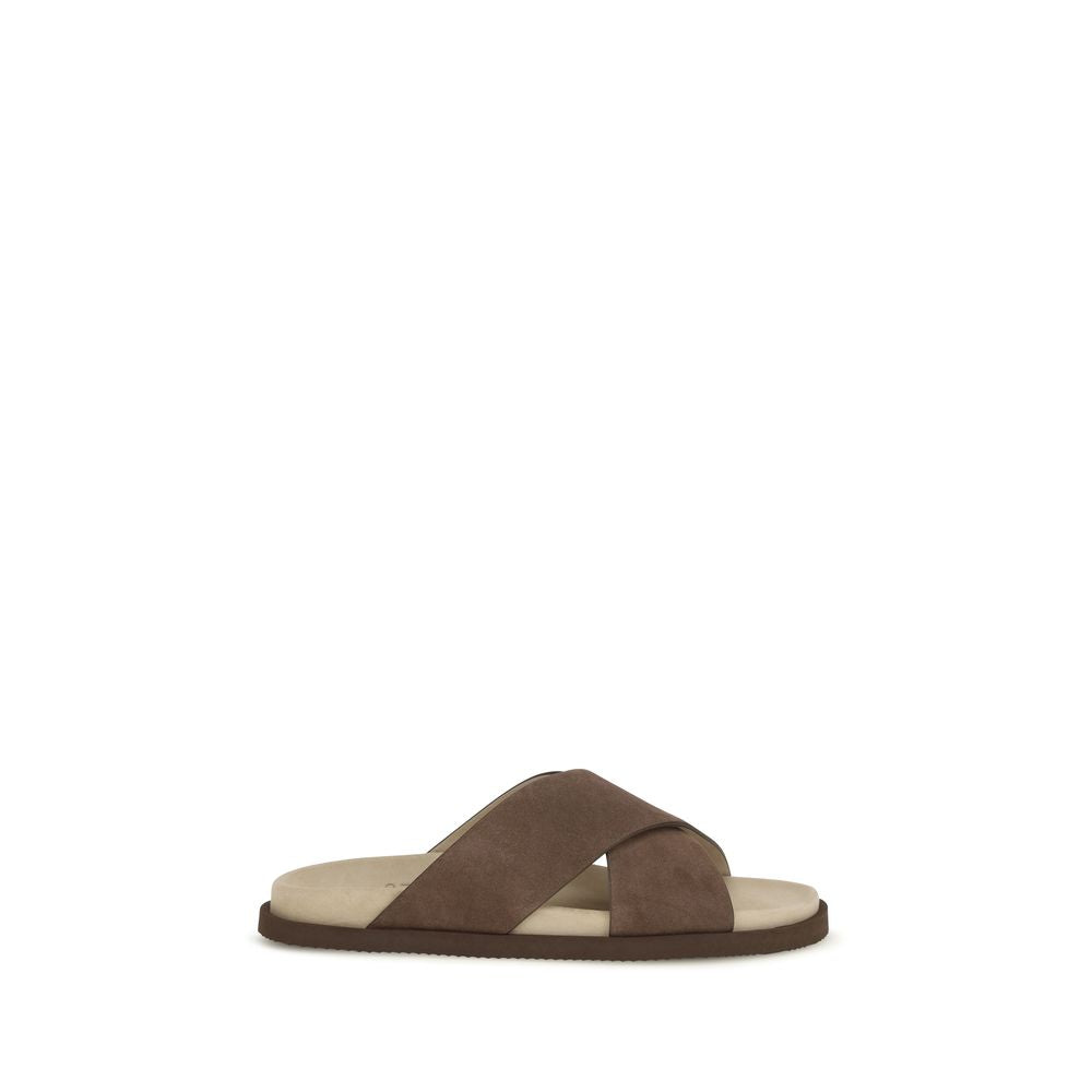 Brunello Cucinelli Brown Calf Leather Bos Taurus Flat Sandals