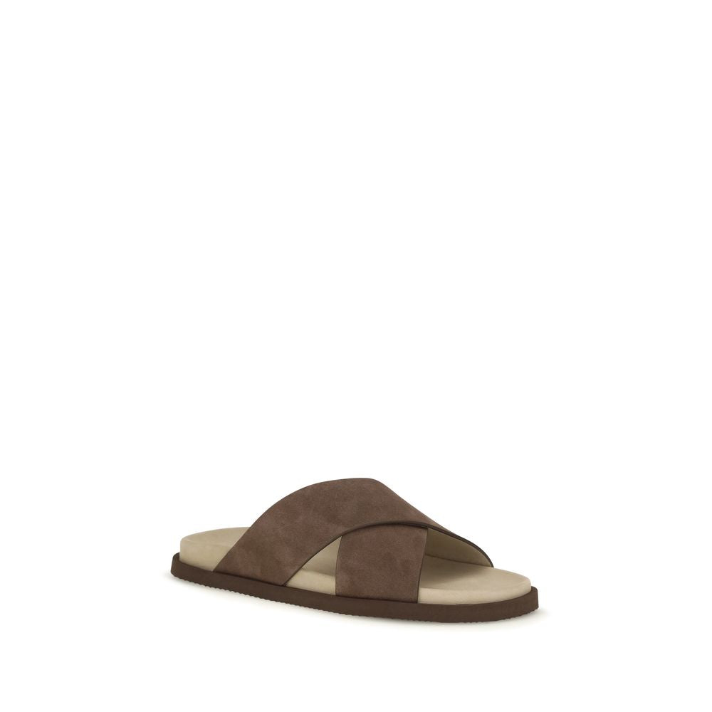Brunello Cucinelli Brown Calf Leather Bos Taurus Flat Sandals