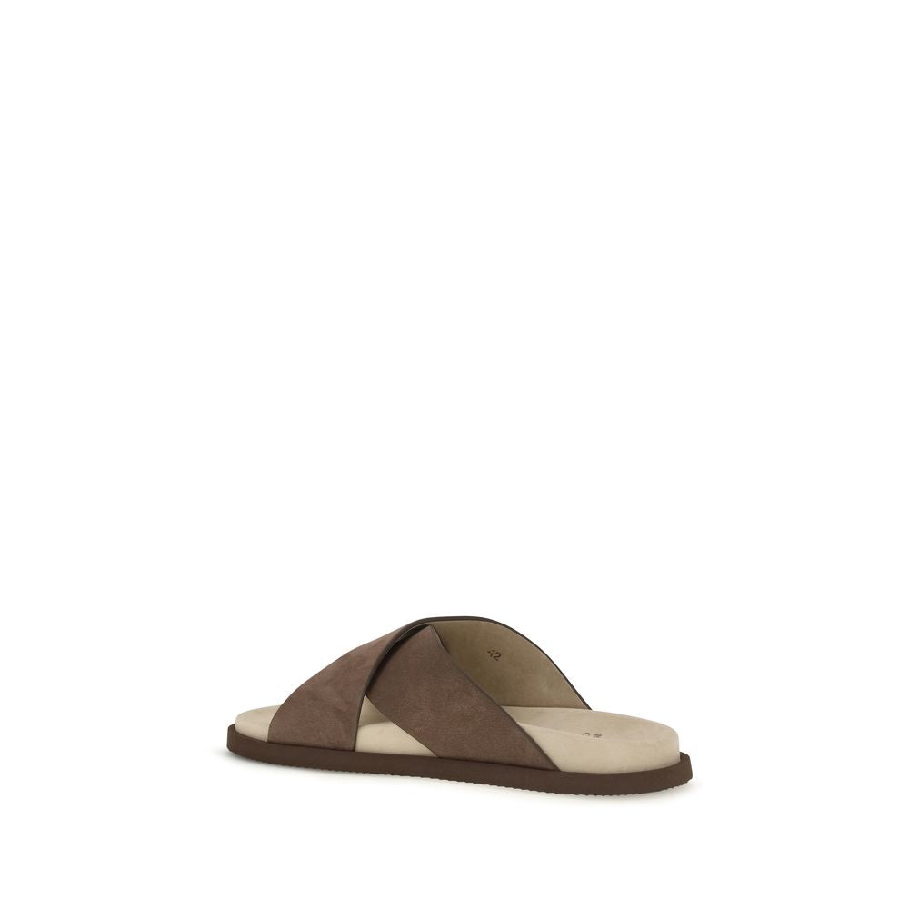 Brunello Cucinelli Brown Calf Leather Bos Taurus Flat Sandals