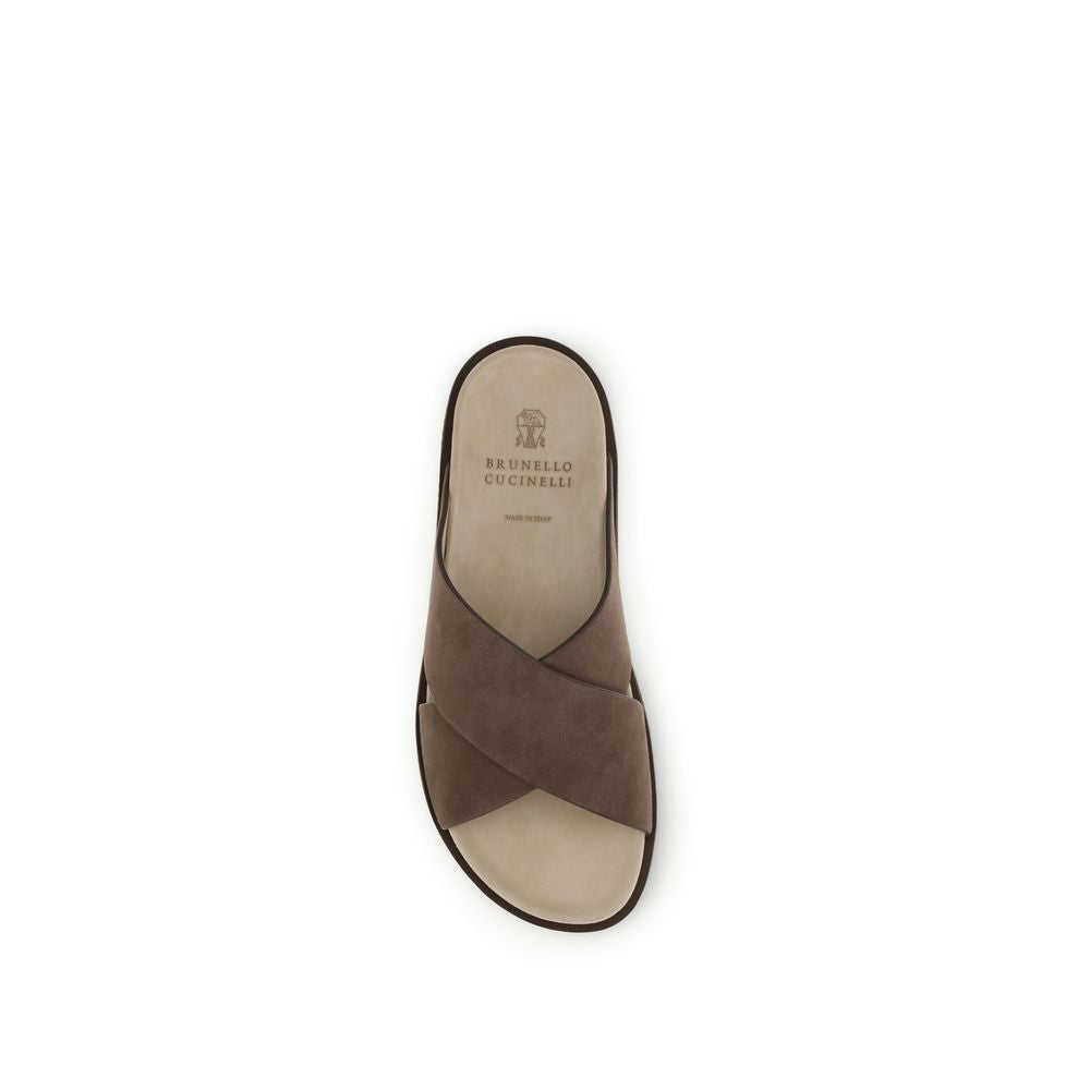 Brunello Cucinelli Brown Calf Leather Bos Taurus Flat Sandals