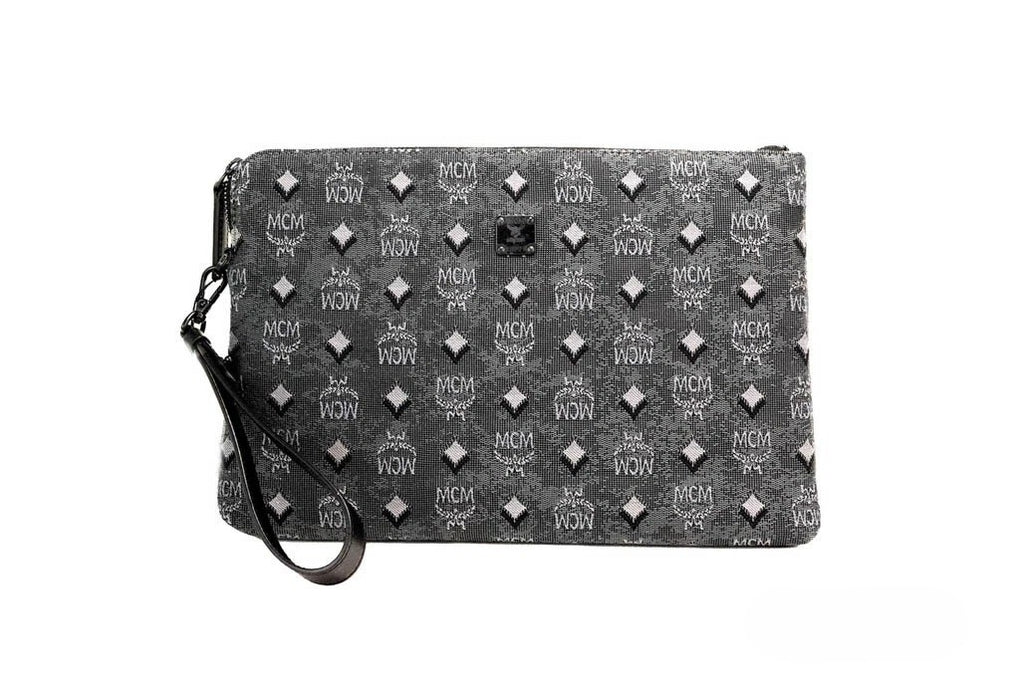 MCM Veritas Medium Dark Grey Denim Monogram Logo Canvas Clutch Pouch Handbag