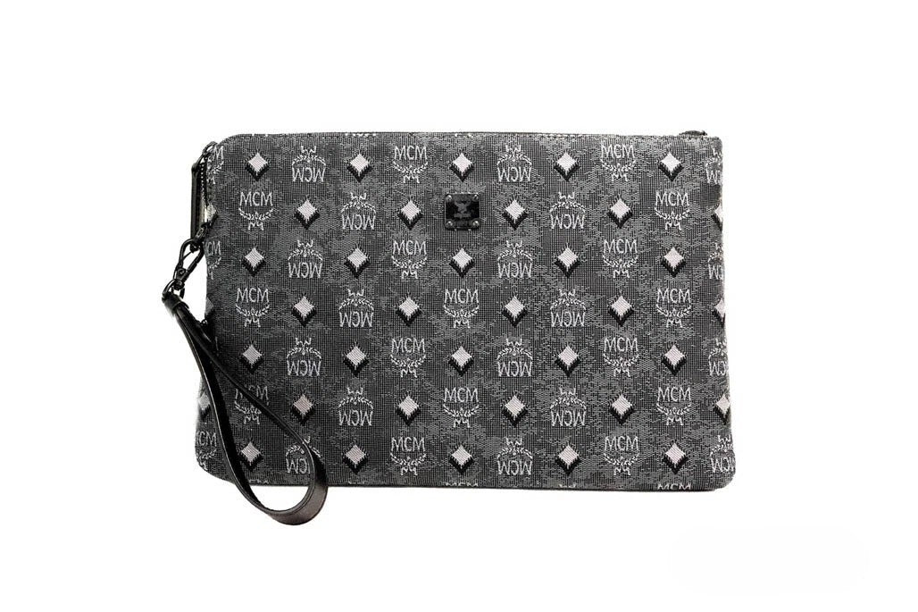 MCM Veritas Medium Dark Grey Denim Monogram Logo Canvas Clutch Pouch Handbag