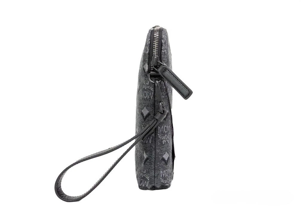 MCM Veritas Medium Dark Grey Denim Monogram Logo Canvas Clutch Pouch Handbag