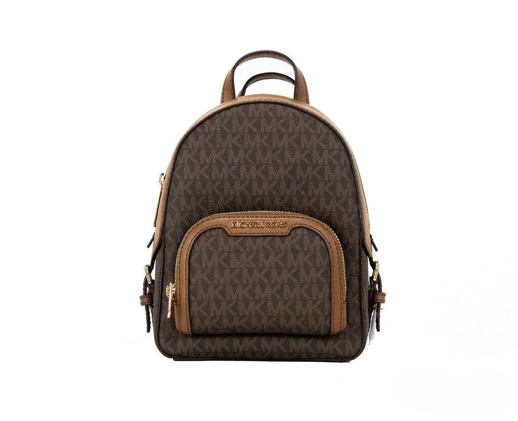 Michael Kors Jaycee Mini XS Brown Signature PVC Zip Pocket Shoulder Backpack Bag