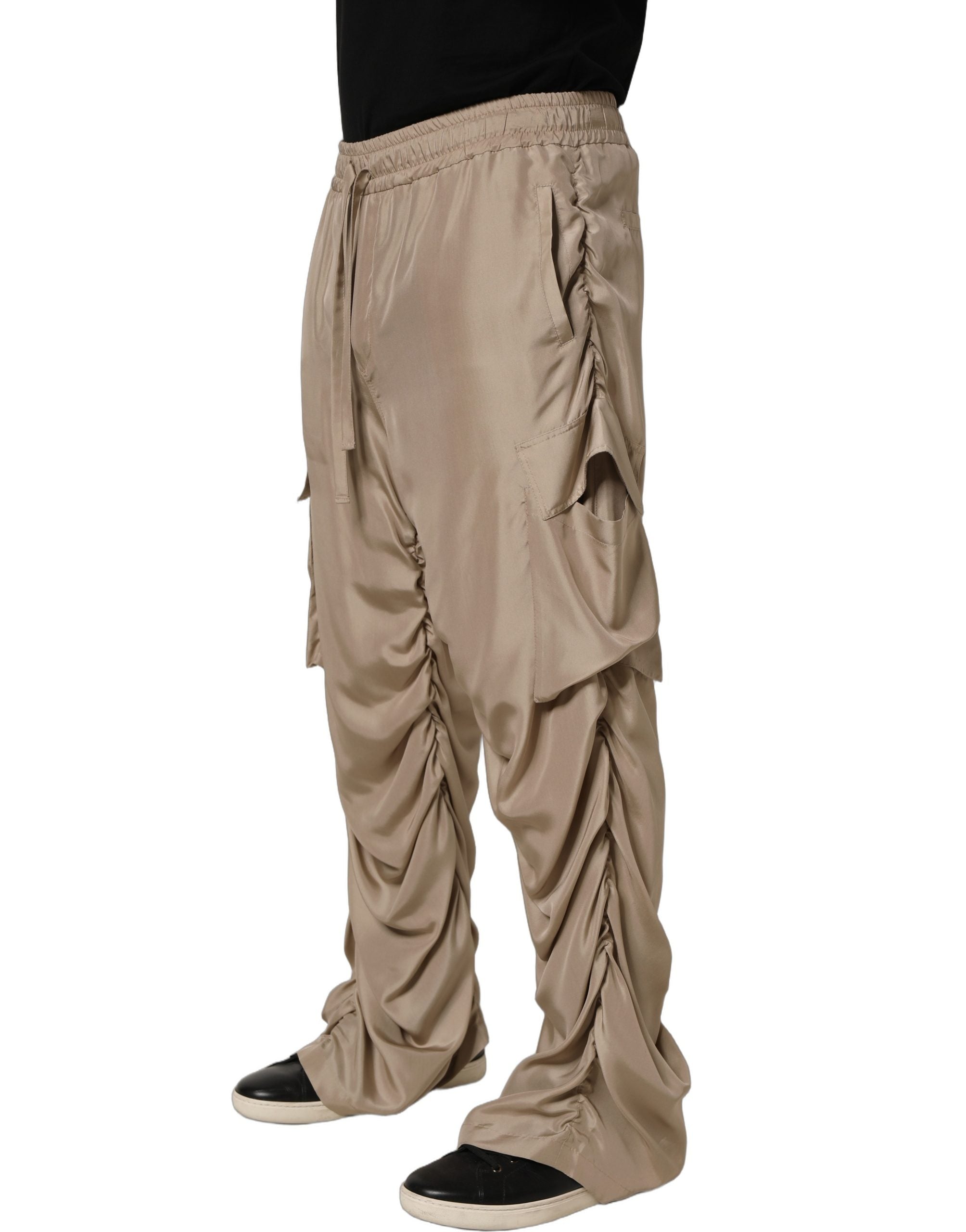 Dolce & Gabbana Brown Ruched Cargo Parachute Men Jogger Pants