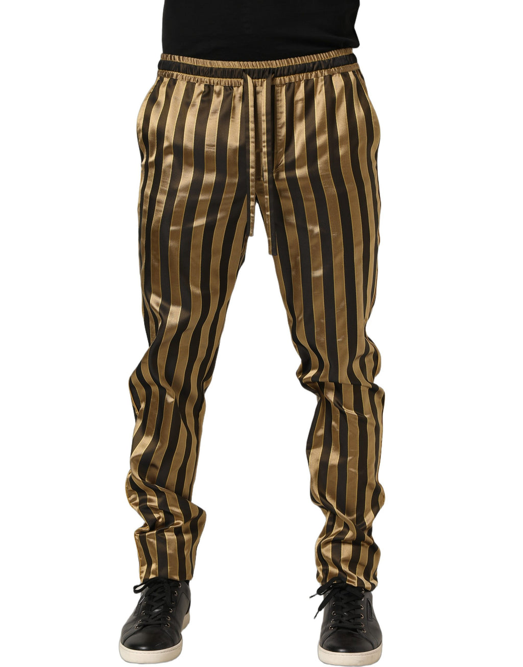Dolce & Gabbana Gold Black Stripes Satin Tapered Leg Men Pants