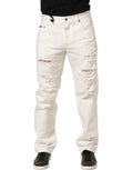 Dolce & Gabbana White Cotton Distressed Straight Denim Jeans