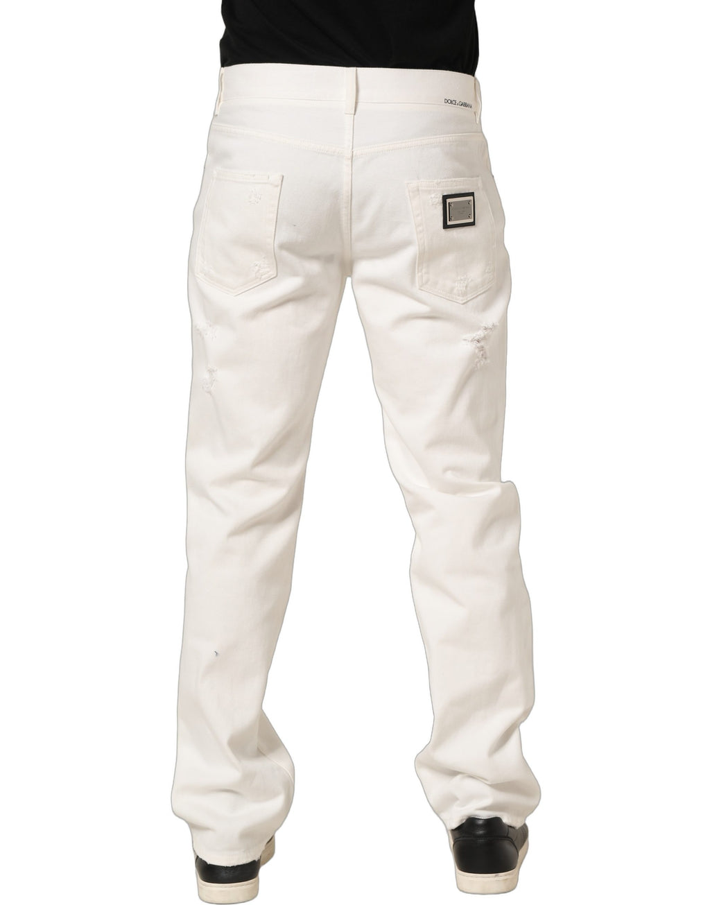Dolce & Gabbana White Cotton Distressed Straight Denim Jeans