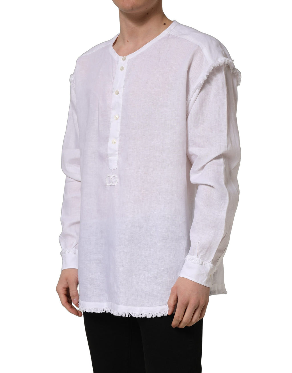 Dolce & Gabbana White Linen Logo Long Sleeves Casual Shirt