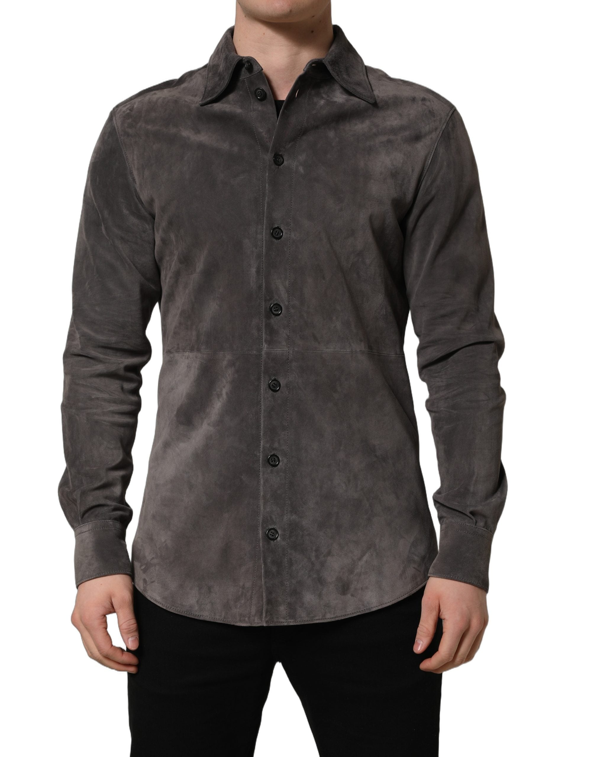 Dolce & Gabbana Gray Suede Long Sleeves Button Down Shirt