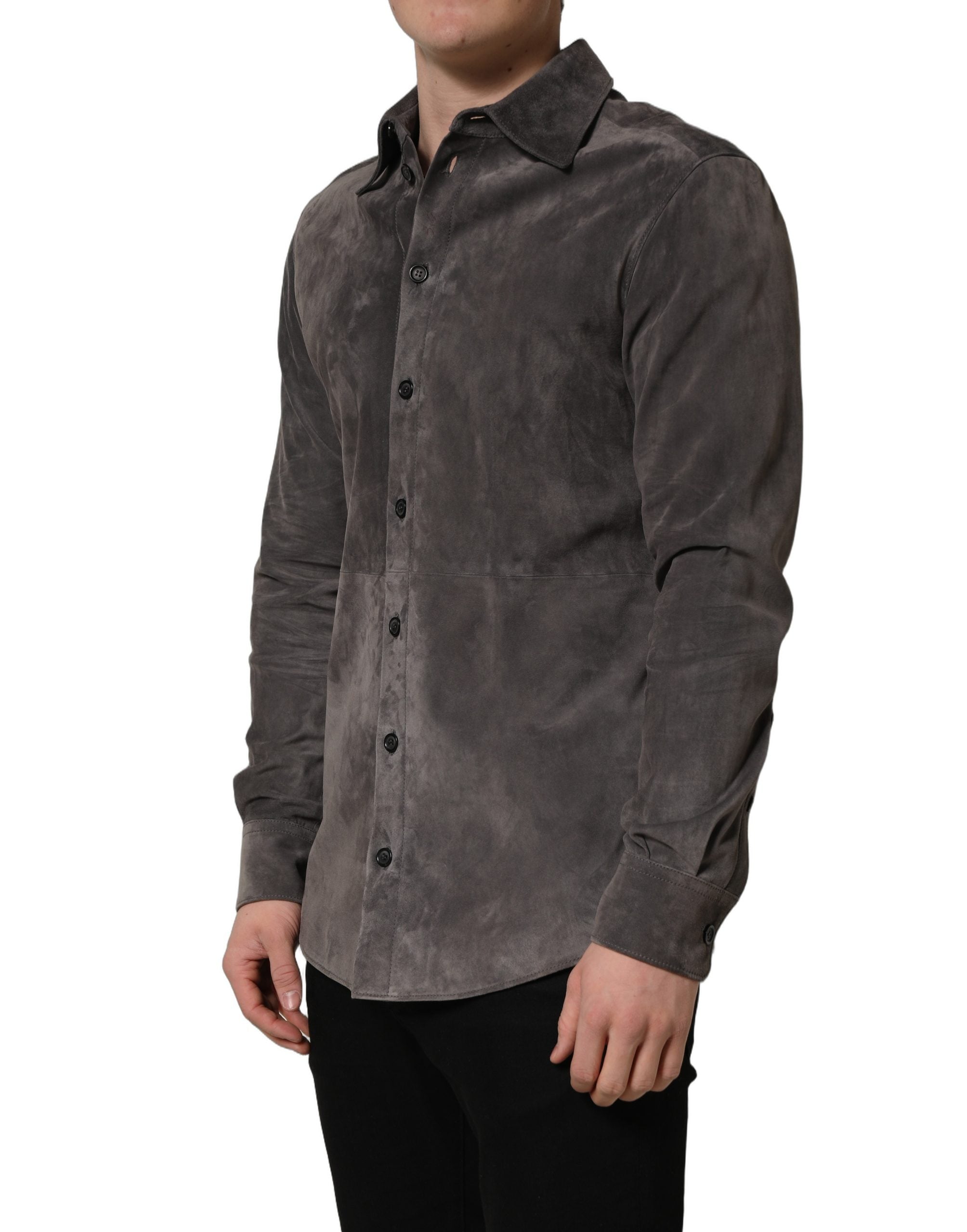 Dolce & Gabbana Gray Suede Long Sleeves Button Down Shirt