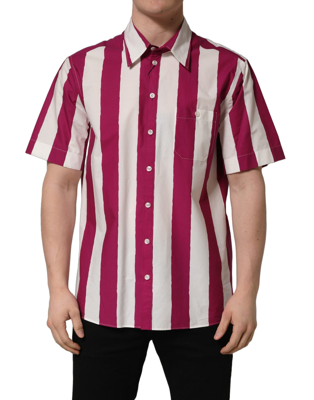 Dolce & Gabbana White Maroon Striped Men Short Sleeves Shirt
