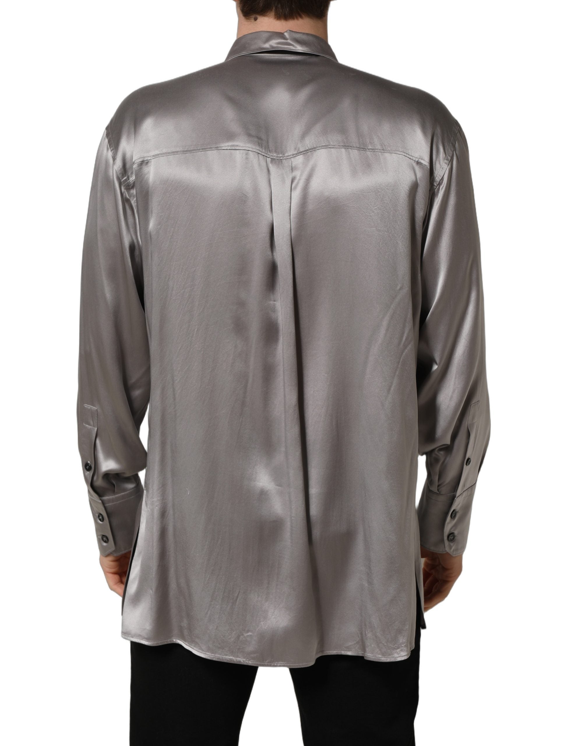 Dolce & Gabbana Metallic Grey Satin Silk Formal Dress Shirt