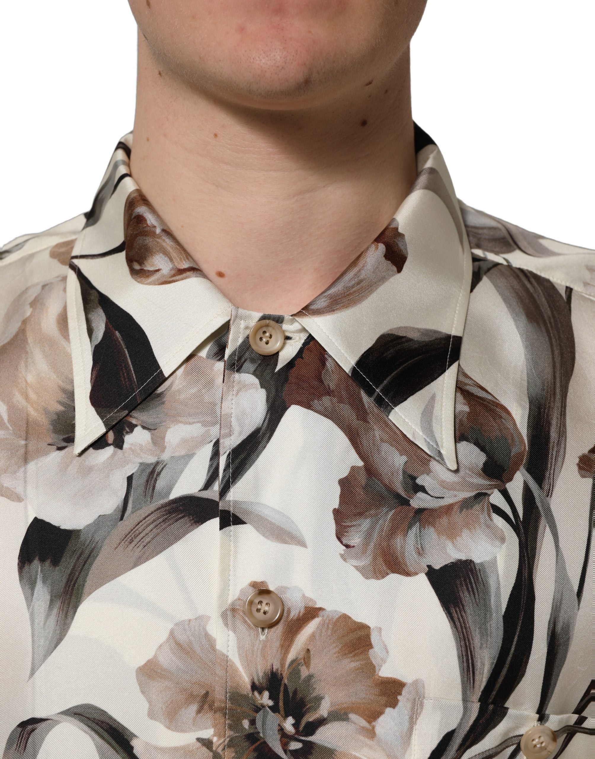 Dolce & Gabbana Beige Tulip Print Silk Short Sleeves Shirt