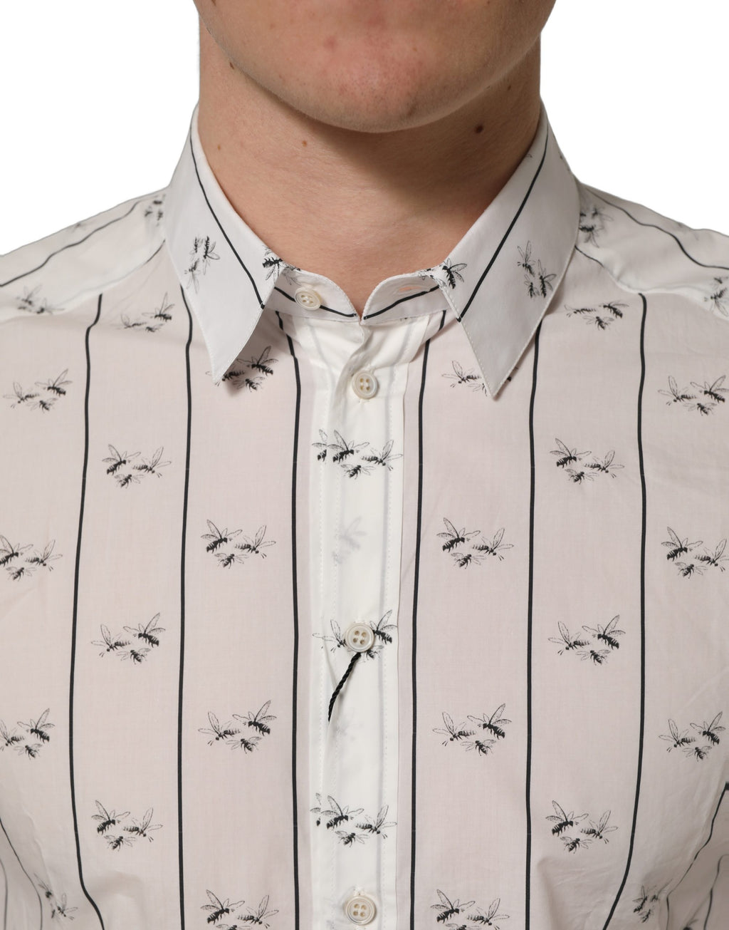 Dolce & Gabbana White Bee Print Cotton GOLD Fit Dress Shirt