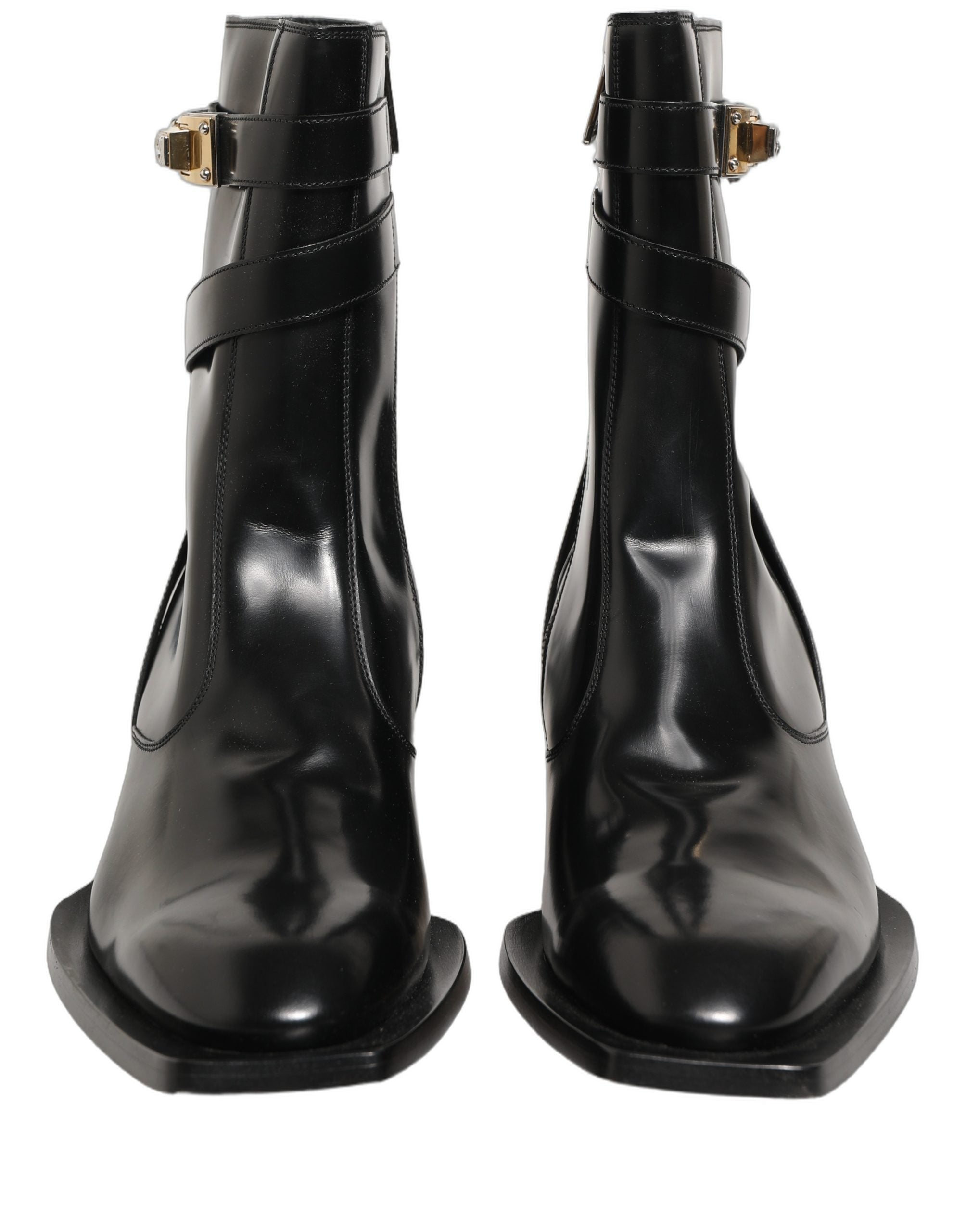 Dolce & Gabbana Black Leather DG Plaque Mid Calf Boots Shoes